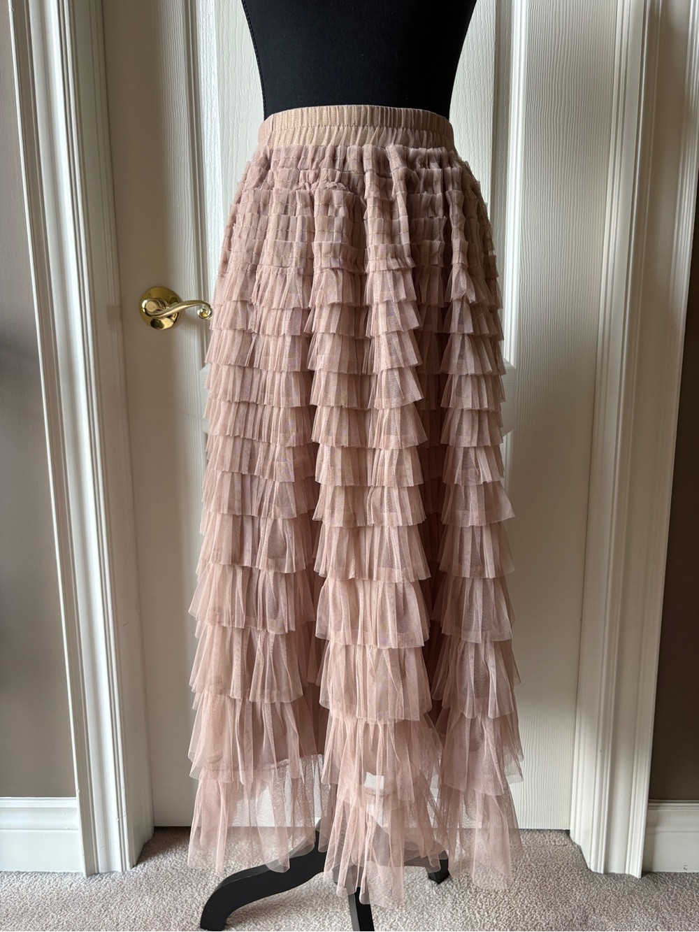 Ruffled Tiered Tulle Skirt, soft beige